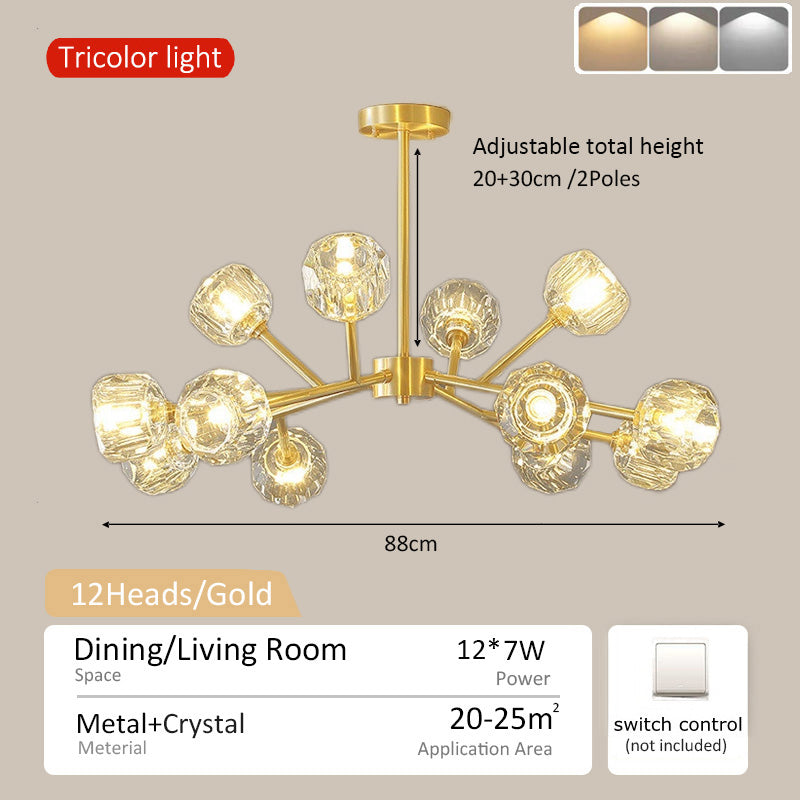 Modern Minimalist Hanging Lamp Living Room Ceiling Tri Color Crystal Drop Lamp Cafe Hanging Lamp 12 Heads 15 Heads