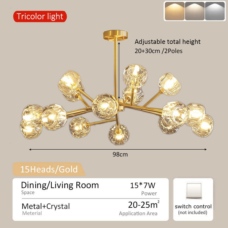 Modern Minimalist Hanging Lamp Living Room Ceiling Tri Color Crystal Drop Lamp Cafe Hanging Lamp 12 Heads 15 Heads